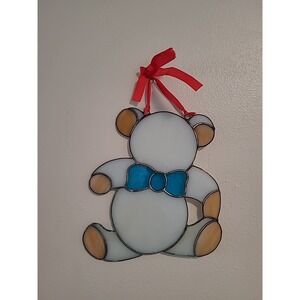 Teddy Bear Stained Glass Suncatcher Hanging Ornament White Bear Blue Bow Tie